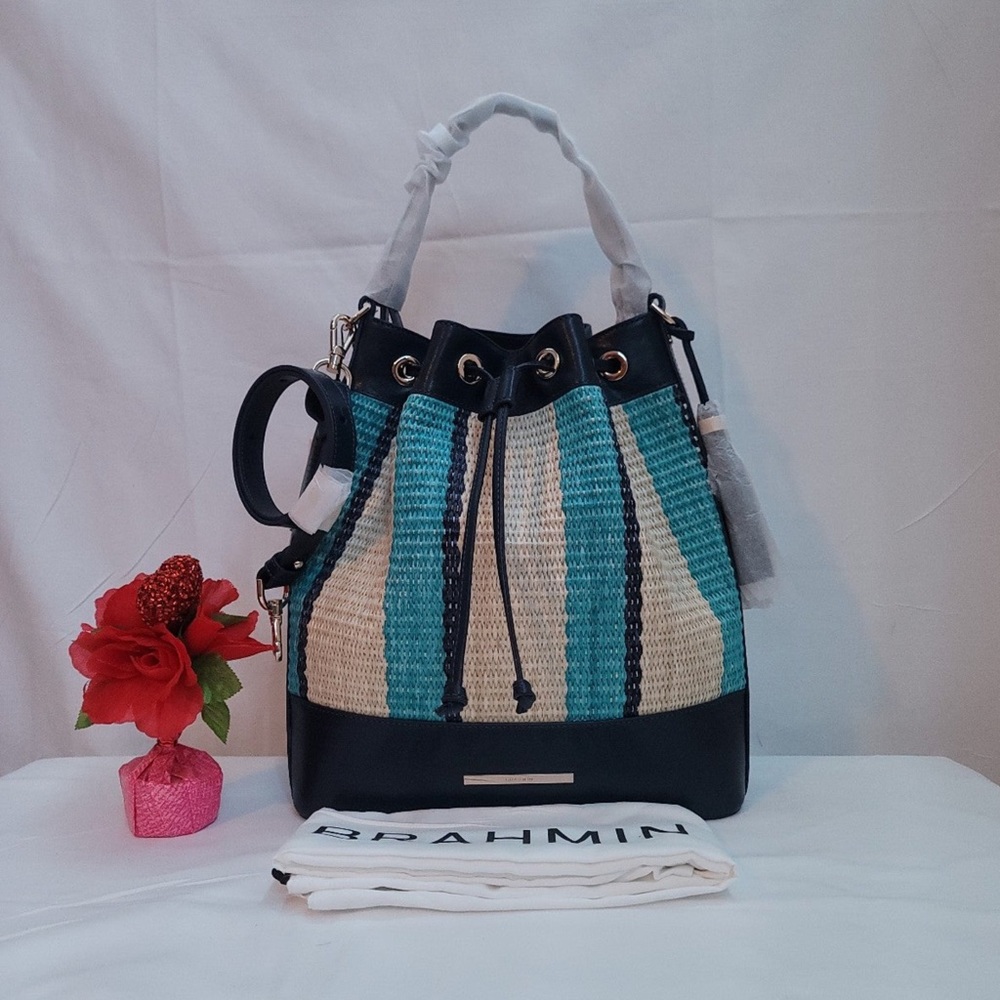 BRAHMIN
Anguilla Collection Marlowe Striped Drawstring Straw Bucket Shoulder Bag